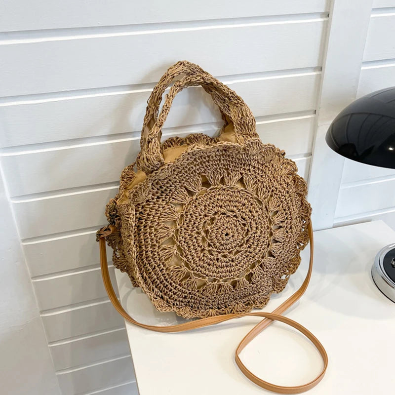 Summer Round Straw Bag Women Woven Rattan Beach Bag Hot New Shoulder Bag Circle Hollow Out Handle Bag Casual Shopper Tote Pouch