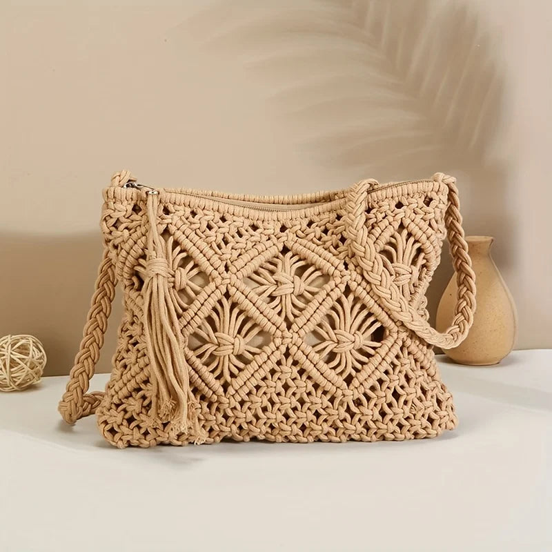 Handmade Bohemian Woven Rope Crossbody Bag with Tassel Detail, Summer Beach Clutch Shoulder Bags for Women, Geometric Design