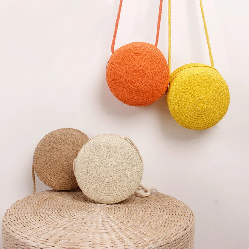 Round Straw Bag Women Woven Beach Crossbody Bag for Ladies Cute Shoulder Rattan Handmade Knitted Candy Color Small Handbag Bolsa