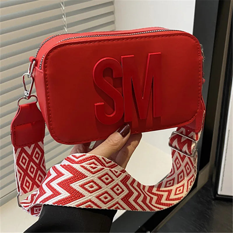 Stylish Versatile Women Single Shoulder Bag, SM Letter Pu Leather Small Square Bag, Leisure Wide Shoulder Strap Cross Body Bags