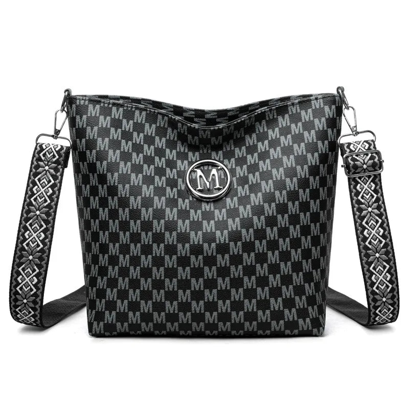 Vintage Women's Crossbody Bag, Faux Leather Shoulder Bag with Golden Hardware, Pattern "M" Design, Removable Strap for Daily Use