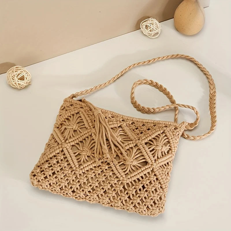 Handmade Bohemian Woven Rope Crossbody Bag with Tassel Detail, Summer Beach Clutch Shoulder Bags for Women, Geometric Design