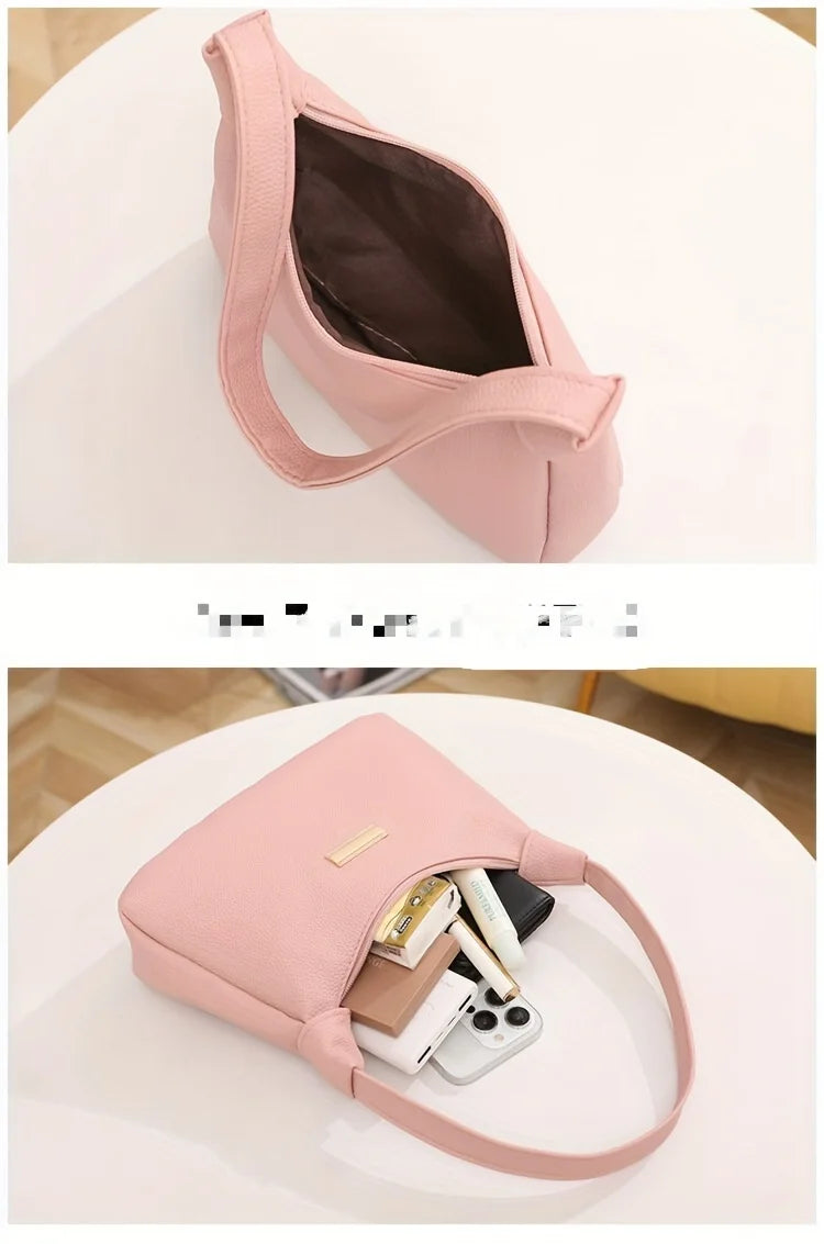 Fashion Shoulder Bag for Women, Solid Color Synthetic Leather Handbag with Zipper Closure, Versatile Underarm Dumpling Purse