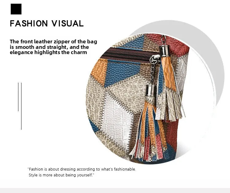 Retro PU Soft Leather Multi Pocket Handbag Shoulder Bag with Color Blocking Plaid Tassel Cross Bags, Mobile Phone Messenger Bag