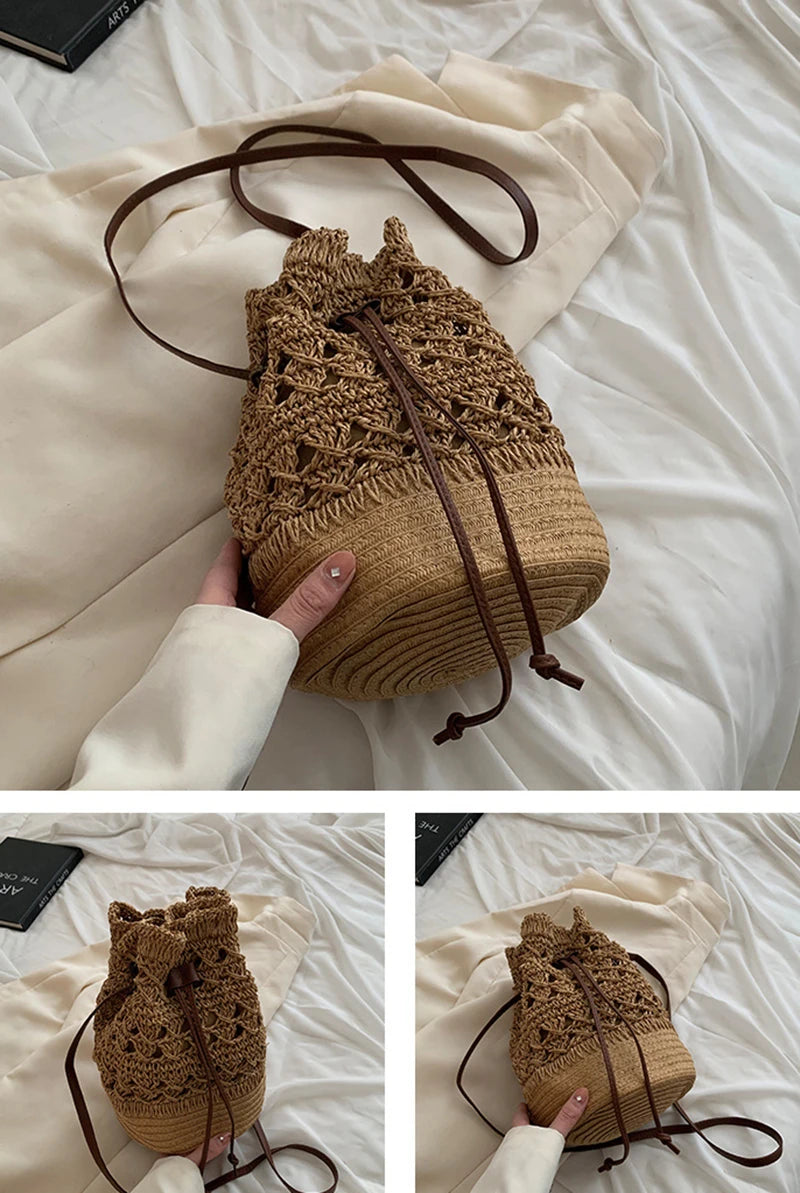 Handmade Women's Summer Straw Beach Shoulder Bag Woven Hollow Drawstring Shoulder Bags Knitted Fashion Female Design Travel Tote