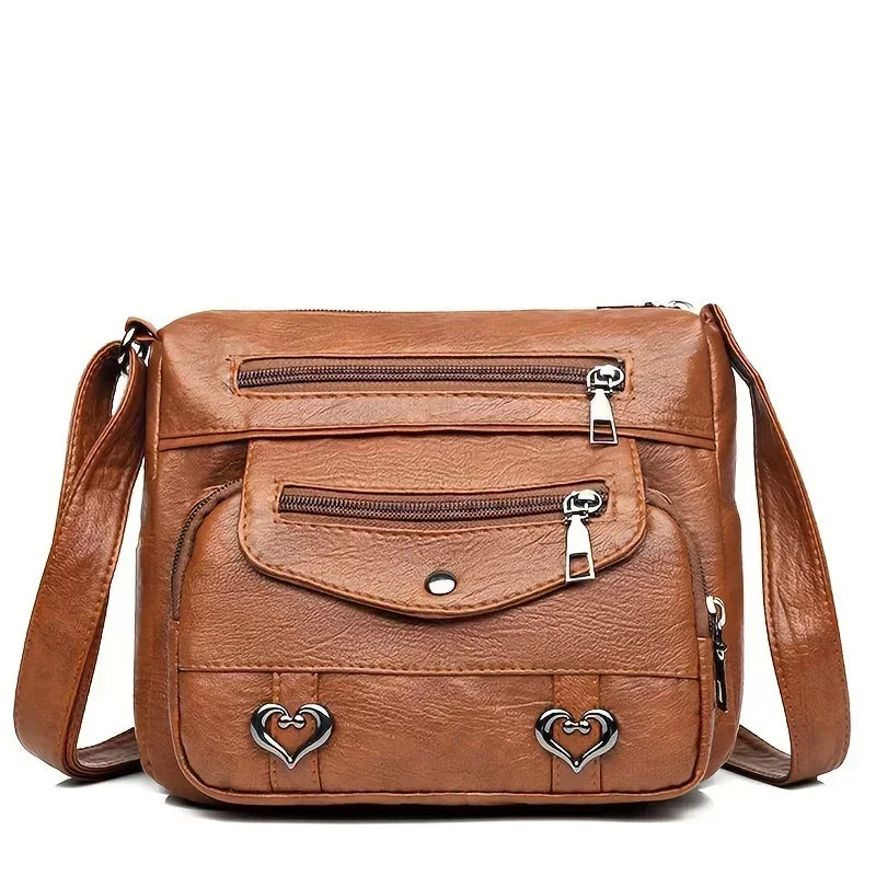 Versatile Multi Pocket Shoulder Bag, Women's Brown Black Leather Messenger Bag with Heart Tassel Embellishments Adjustable Strap