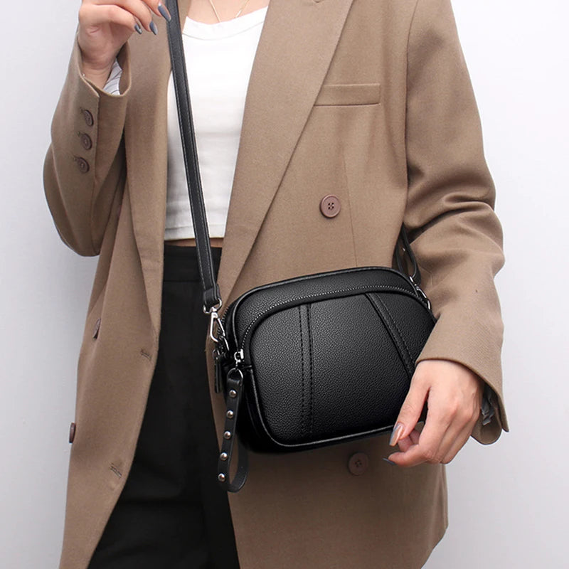 Solid Color Fashionable Rivet Zipper Women's Mobile Phone Bag Simple Soft PU Leather Shoulder Crossbody Small Square Handbag