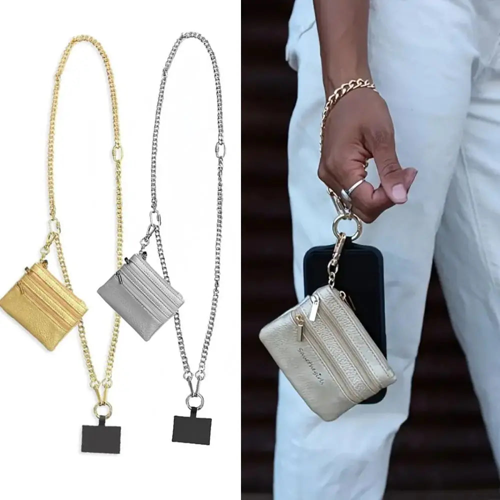Metal Crossbody Phone Strap With Zippered Pocket Anti-Drop Phone Case Wallet Card Slot Shoulder Phone Lanyards Fashion Bag Chain