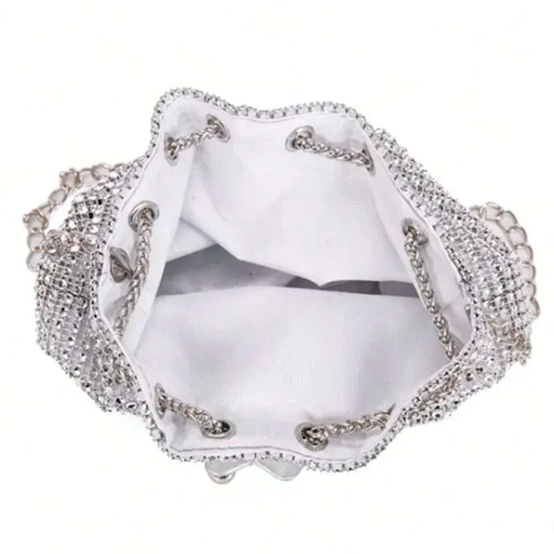 Charming Rhinestone Dinner Bag Sparkling Drawstring Chain Bucket Shoulder Crossbody Bags for Women Daily Christmas Party Banquet