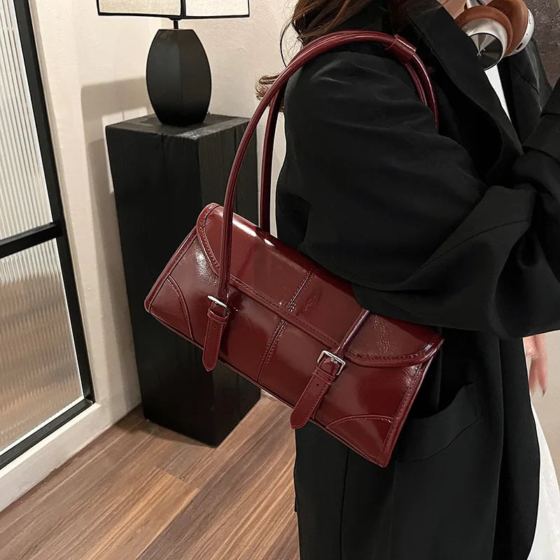 High End Burgundy Oil Wax PU Leather Underarm Bag Elegant Women's Magnetic Buckle Shoulder Bag Commuter Versatile Ladies Tote Ba