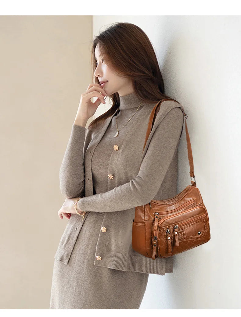 Fashionable Four Seasons Soft Leather Multi Pocket Cross Bags, Multi Layer Zipper Pouch Single Shoulder Bag for Women Daily Use