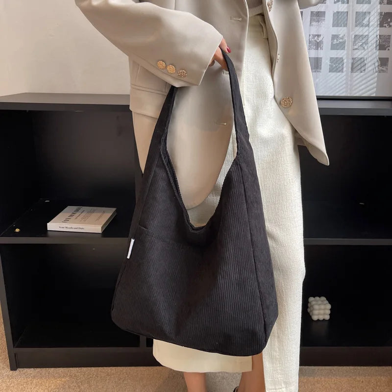 Causal Shoulder Bags for Women Corduroy Reusable Shopping Totes Large Capacity Female Travel Top Handle Handbag Girls Books Pack