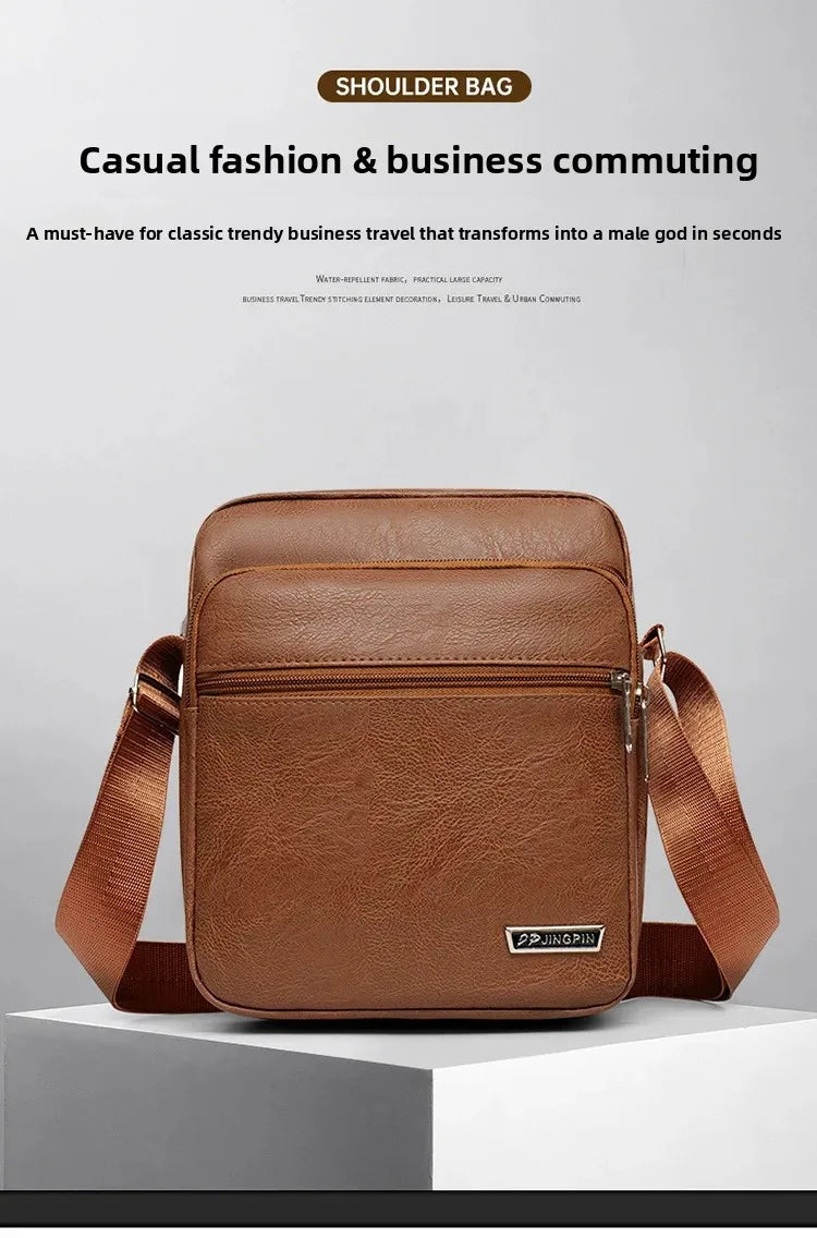 Men's Bag, PU Leather Single Shoulder Bag Multi Layer Zipper Large Capacity Crossbody Bag Daily Use Work Travel Business Commute