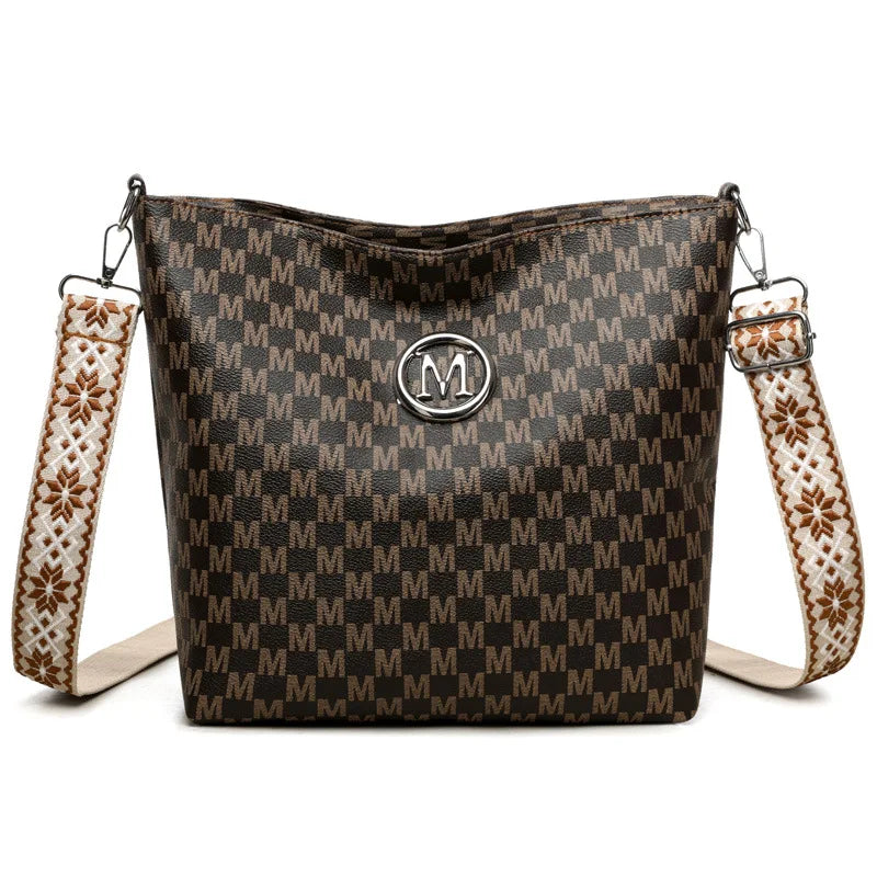 Vintage Women's Crossbody Bag, Faux Leather Shoulder Bag with Golden Hardware, Pattern "M" Design, Removable Strap for Daily Use