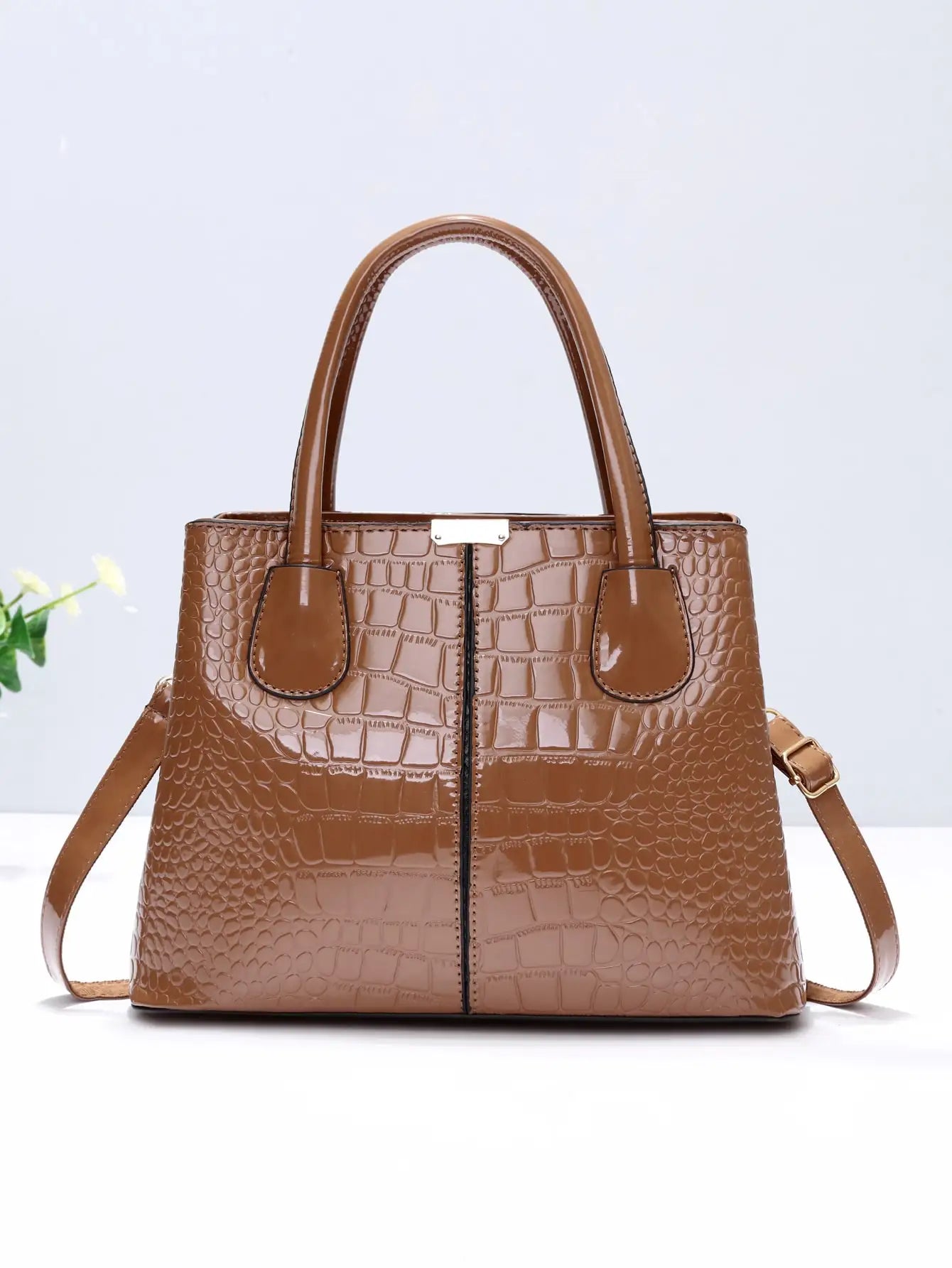 Ladies' shiny leather design solid color shoulder bag fashionable and simple large capacity shopping handbag