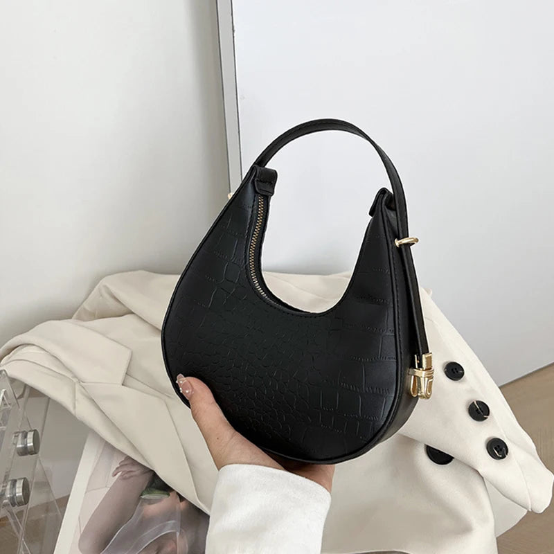 Half Moon Bag Vintage PU Leather Small Handbag Luxury Brands Women Shoulder Bags Retro Black Ladies Armpit Purses Girls Totes