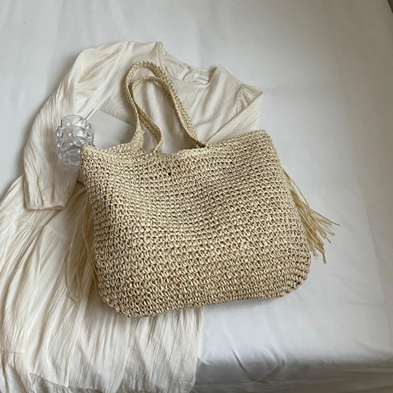 Casual Tassel Woven Women Shoulder Bags Handmade Fringe Lady Handbags Summer Beach Large Tote Bag Shopper Purse for Vacation