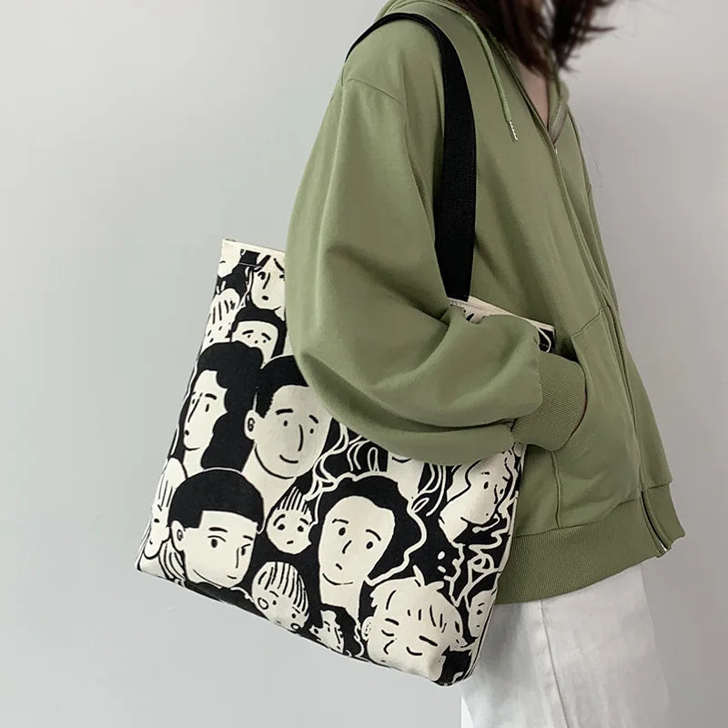 Teen Youth Pattern Canvas Bag, Large Capacity Female Single Handbag Shoulder Bag, Student Literary Artistic Simple Shopping Bag
