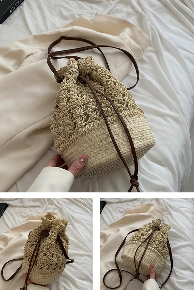 Handmade Women's Summer Straw Beach Shoulder Bag Woven Hollow Drawstring Shoulder Bags Knitted Fashion Female Design Travel Tote