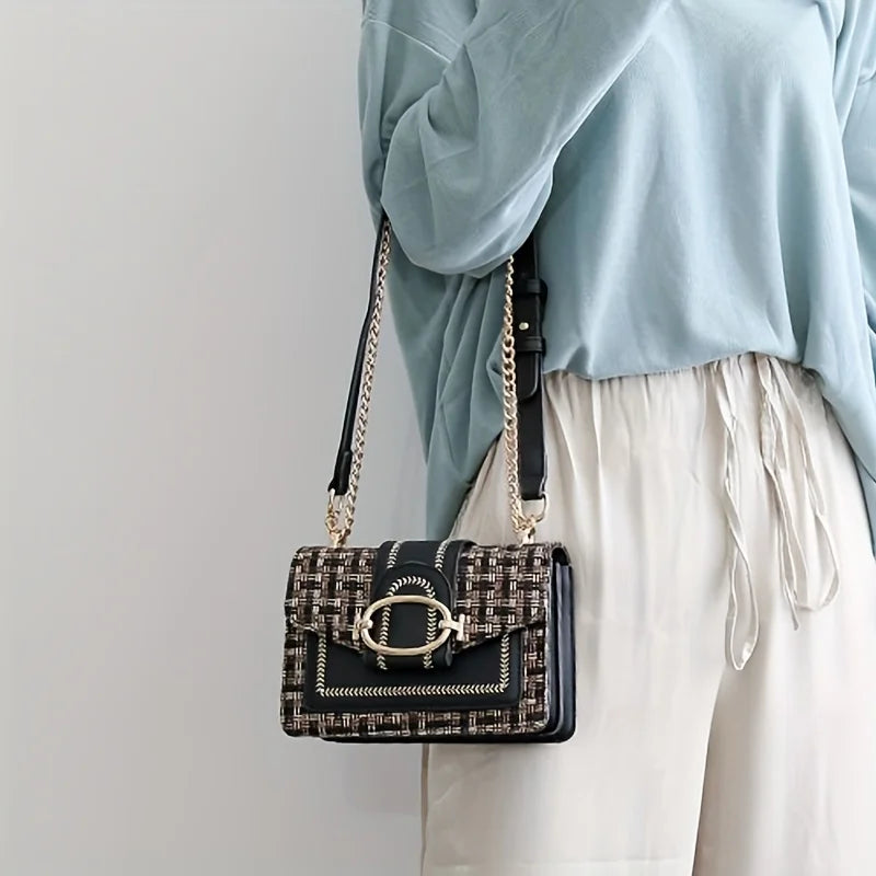 Chic Mini Plaid Tweed Crossbody Bag with Adjustable Strap, Fashionable Buckle Closure - Available in Cream, Green, Blue, Black