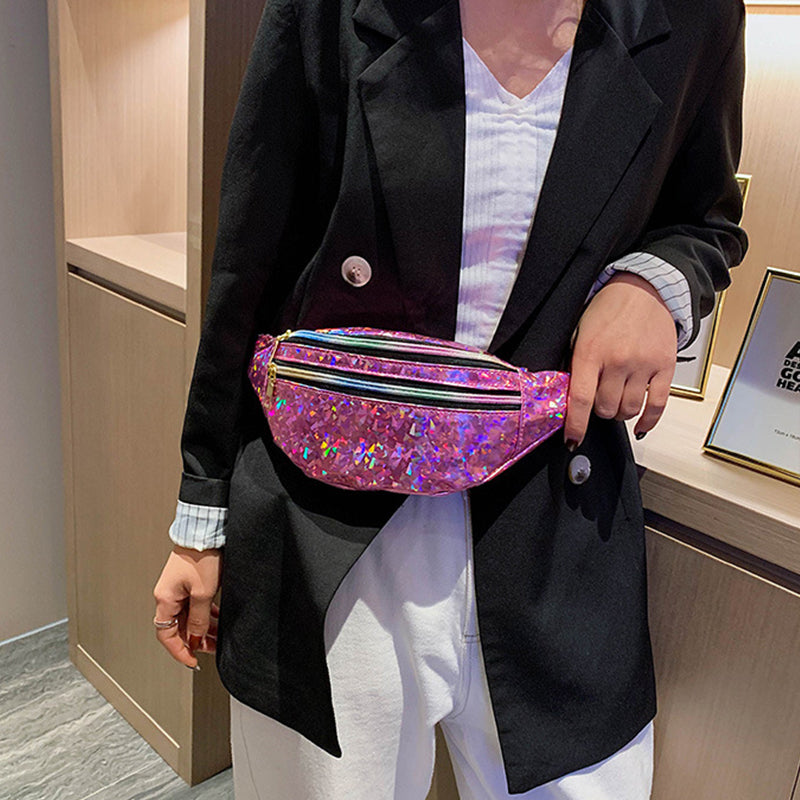 Holographic Fanny Pack Hologram Waist Bag Laser PU Leather Travel Banana Hip Bum Zip Waist Bags Women Shoulder Bag for Girls
