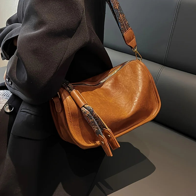 Graphic Pattern Zipper Crossbody Bag, Stylish Shoulder Bag With Wide Strap, Large Capacity Daily Purse