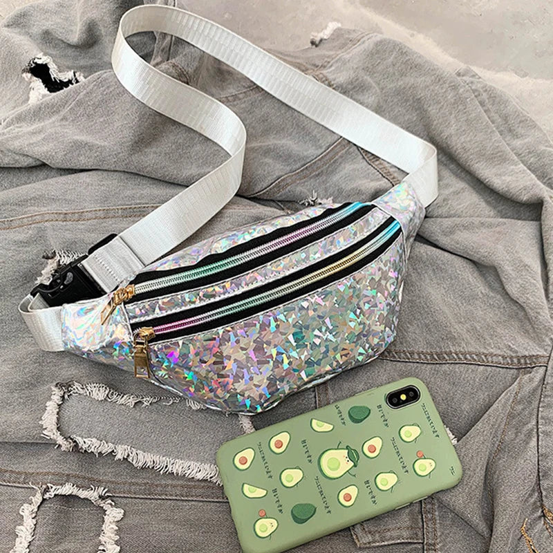 Holographic Fanny Pack Hologram Waist Bag Laser PU Leather Travel Banana Hip Bum Zip Waist Bags Women Shoulder Bag for Girls