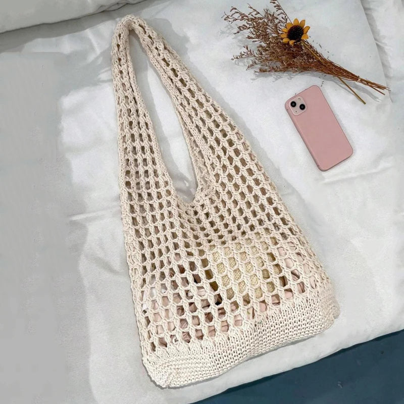 Fashion Crochet Bags for Women Summer Beach Tote Bag Aesthetic Totes Handbag Bohemian Woven Knit Shoulder Bag