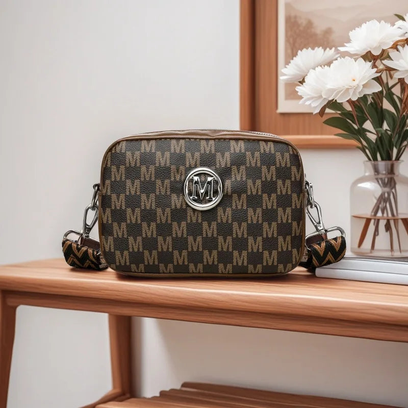 Retro M Pattern Design Female Crossbody Bag, Stylish Ladies Shoulder Bag, Wide Strap Phone Coin Purse for Women Work Party Date