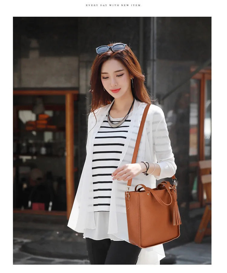 4pcs/set Tassel Bucket Women's Handbag Stylish Crossbody Bag Clutch and Wallet, Solid Color PU Shoulder Bags for Women Daily Use