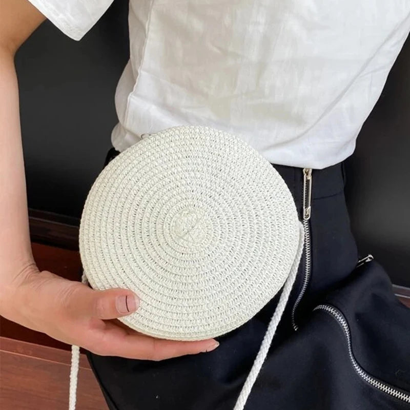 Round Straw Bag Women Woven Beach Crossbody Bag for Ladies Cute Shoulder Rattan Handmade Knitted Candy Color Small Handbag Bolsa