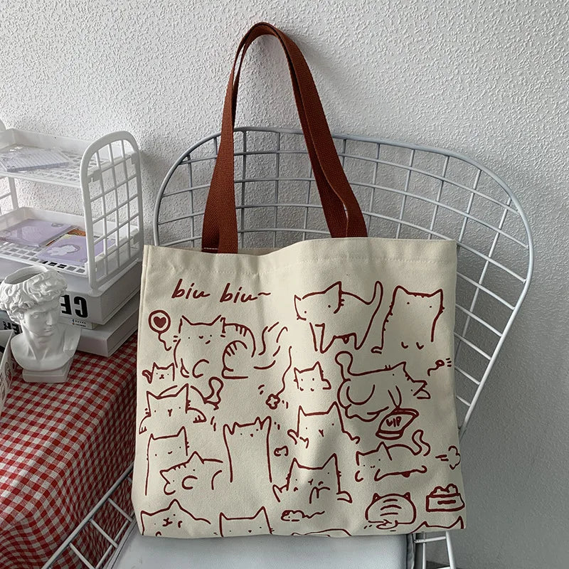 Art Design Cute Animals Printed Handbag Shoulder Bag, Literary Retro Canvas Tote Bags for Women Daily Use Work, Shopping School