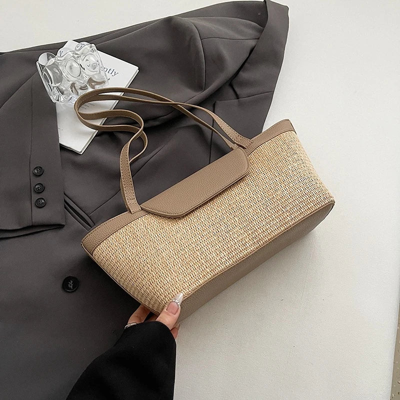 Fashion Women Shoulder Bag PU Woven Patchwork Stick Bag Large Capacity Tote Bag New Casual Woven Contrasting Color Handbag