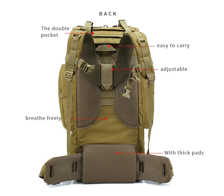 65L Large Capacity Waterproof Outdoor Hking Backpack Tactical Hunting Camping Rucksack Rain Cover Mountaineering Climbing Bags