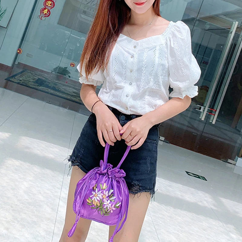 Retro Embroidery Drawstrings Handbags Storage Bags Women Purse Wallets Card Holder Bucket Shoulder Bag Wrist Bags