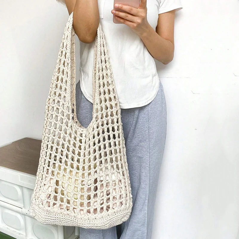 Fashion Crochet Bags for Women Summer Beach Tote Bag Aesthetic Totes Handbag Bohemian Woven Knit Shoulder Bag