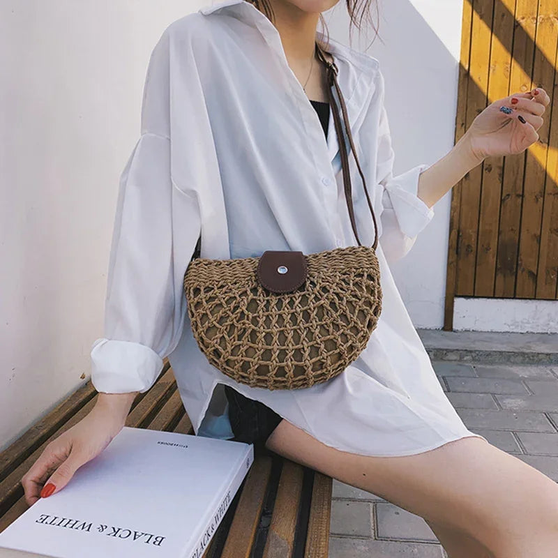 Summer Fashion Handmade Straw Shoulder Bags for Women Hollow Out Crossbody Bag Pouch Female Half Round Purse Vintage Handbags