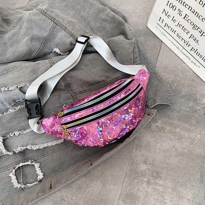 Holographic Fanny Pack Hologram Waist Bag Laser PU Leather Travel Banana Hip Bum Zip Waist Bags Women Shoulder Bag for Girls