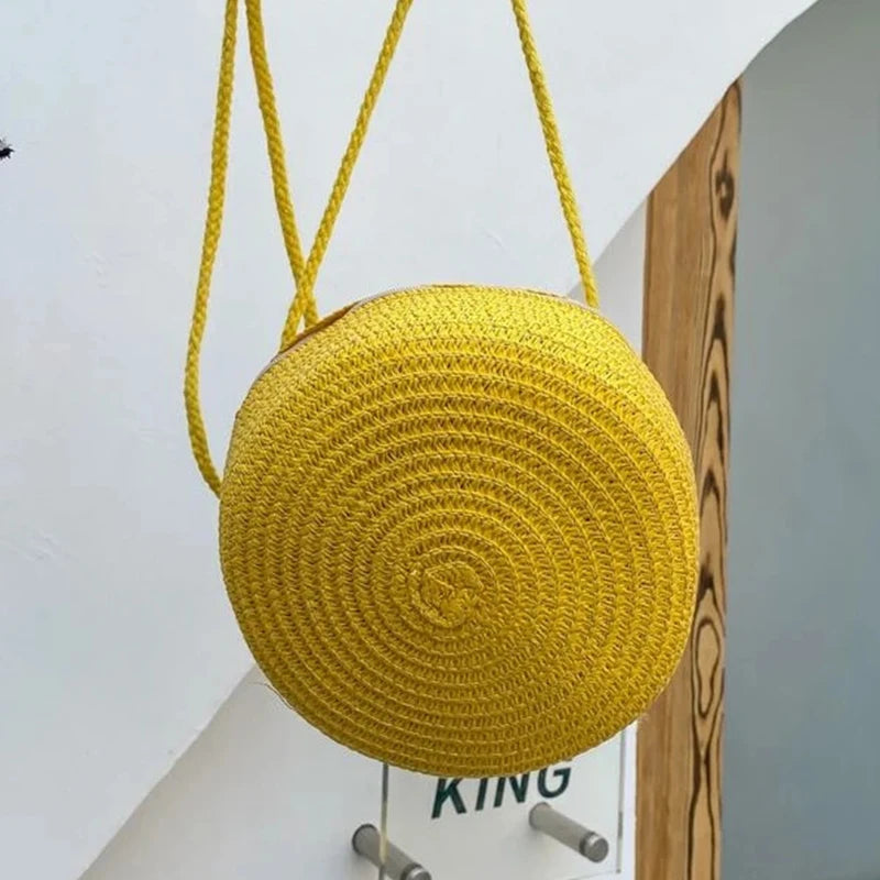Round Straw Bag Women Woven Beach Crossbody Bag for Ladies Cute Shoulder Rattan Handmade Knitted Candy Color Small Handbag Bolsa