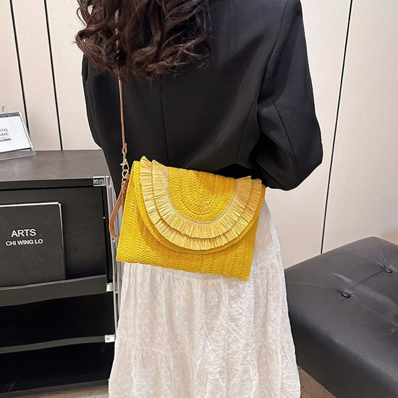 Raffia Straw Weaven Bags Fashion Ladies Wrist Clutches Summer Women Shoulder Crossbody Bags Handmade Handbags Purse Beach Bag