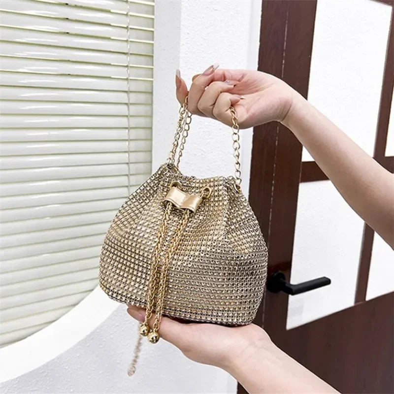 Charming Rhinestone Dinner Bag Sparkling Drawstring Chain Bucket Shoulder Crossbody Bags for Women Daily Christmas Party Banquet