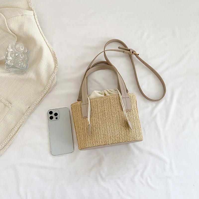 Knit Travel Bags Straw Woven Beach Bag Wrist Pack Women Handle Female Bucket Tote Bags Rattan Ladies Purses Handbag