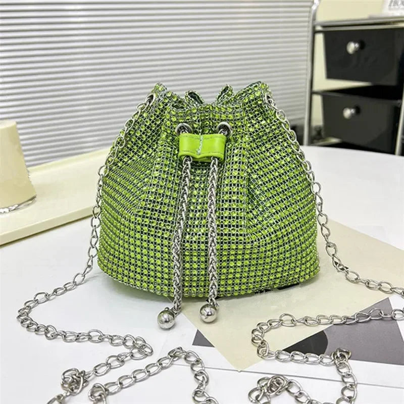 Charming Rhinestone Dinner Bag Sparkling Drawstring Chain Bucket Shoulder Crossbody Bags for Women Daily Christmas Party Banquet