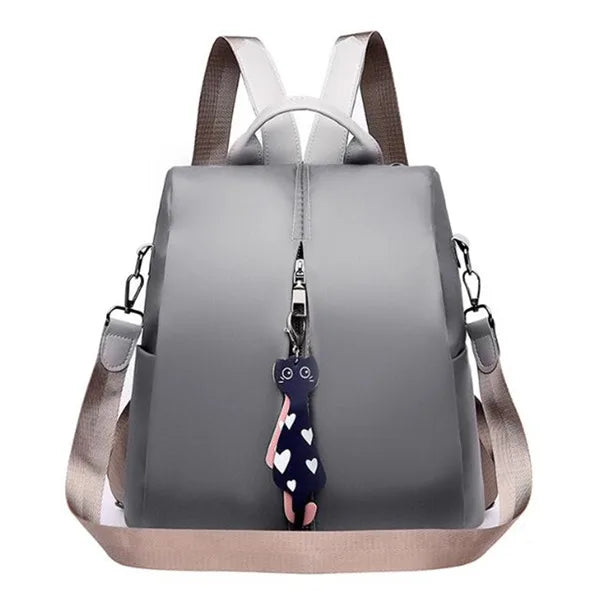 Solid Color Large Daypack for Female, Bagpack with Cat Pendant ,Women Simple Travel Shoulder Bags ,Multi-use Nylon Backpack
