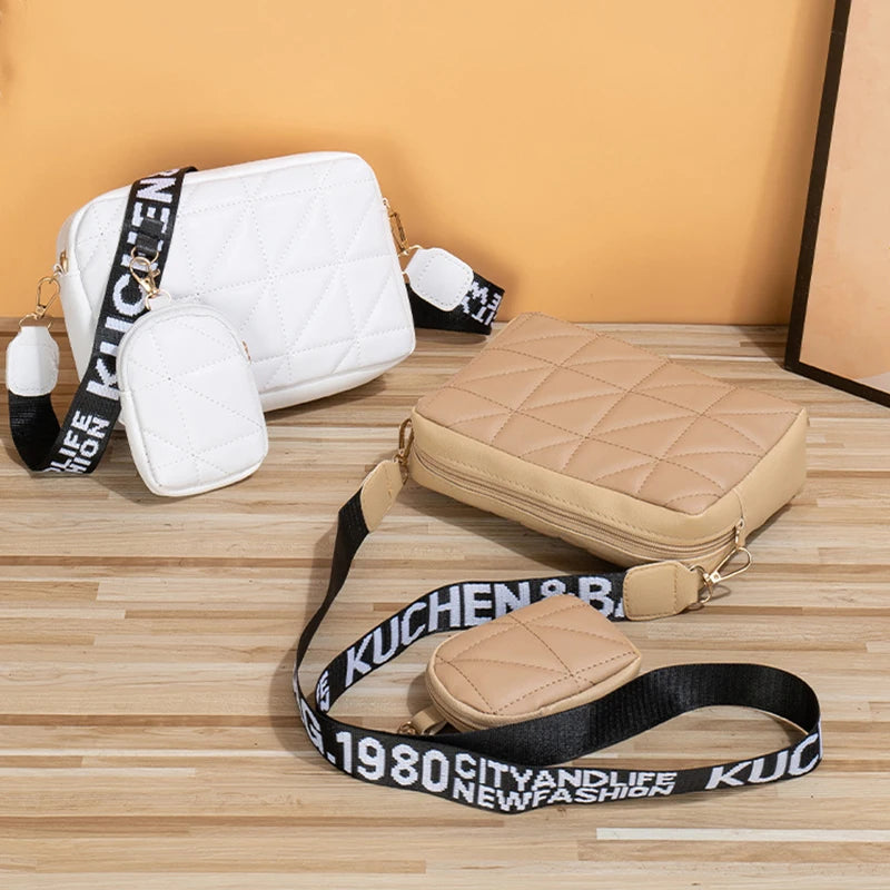 New Solid Color Diamond Plaid Son And Mother Fashion Shoulder Bag Trendy Letter Wide Shoulder Strap Crossbody Small Square Bag
