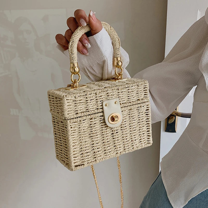 Summer Box Small Purse and Handbags For Women Rattan Straw Woven Crossbody Shoulder Bags Female Fashion Chain Travel Beach Bags