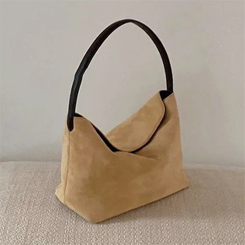 Retro Velvet Women's Bag, Splicing Handbag, Versatile Single Shoulder Armpit Bag with Magnetic Buckle Fashionable Matte Tote Bag
