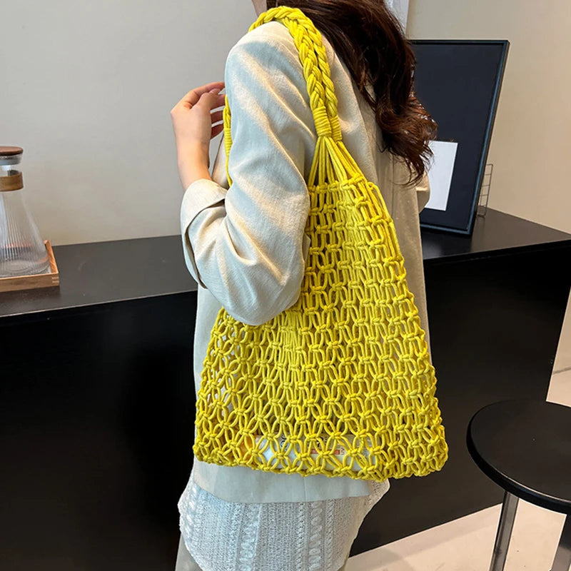 Hand-Woven Bag Women Handmade Hollow Handbag Female Shoulder Bag Big Capacity Summer Casual Travel Beach Tote Purse