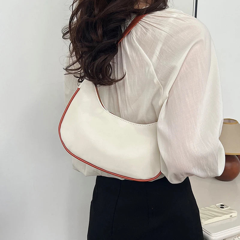 Womens Fashion Handbags Retro Solid Color Pu Leather Bag Half Simple Color Underarm Shoulder Bag Moon Casual Purse