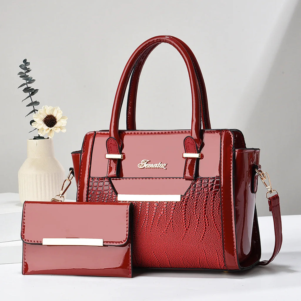 Casual shoulder women's bag simple large-capacity mother and child bag bright leather fashion portable two-piece bag